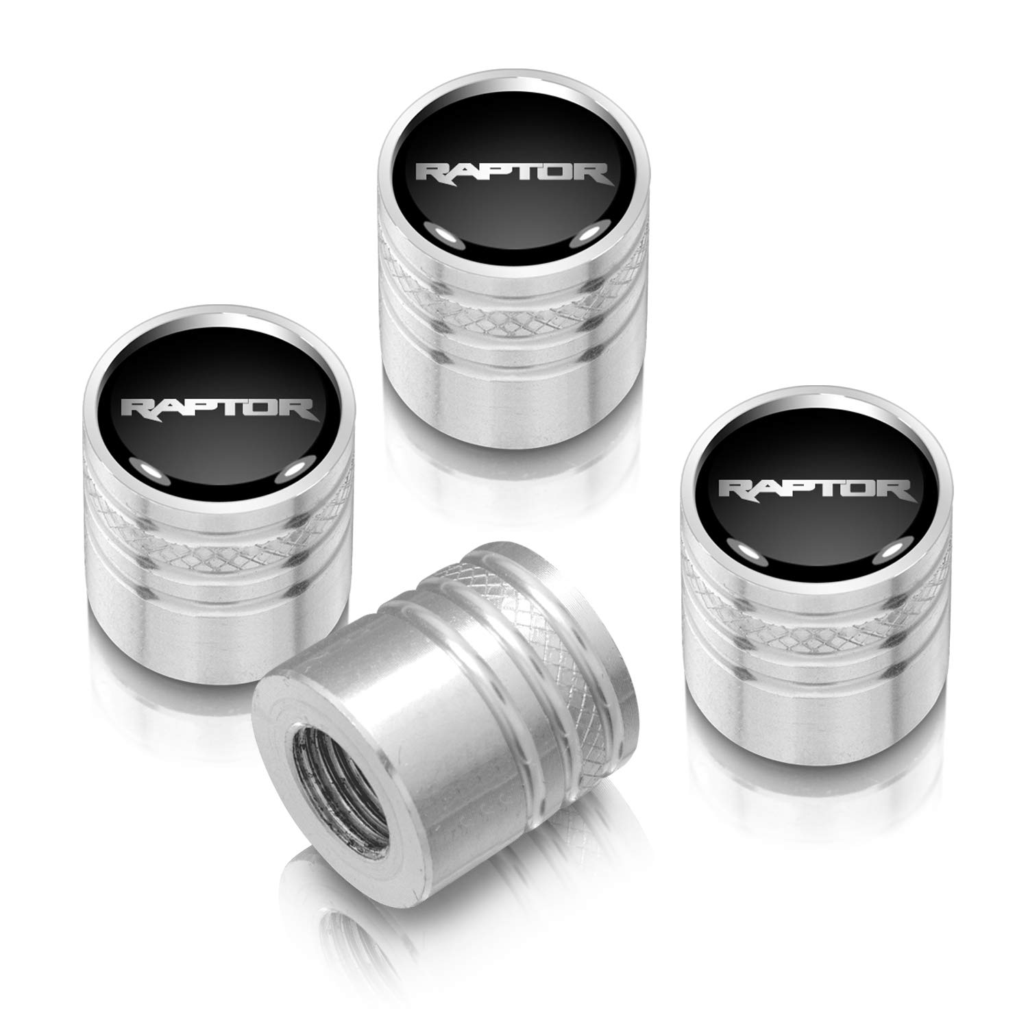 Black on Silver Aluminum Cylinder-Style Tire Valve Stem Caps for Ford F-150 Raptor - Durable & Stylish Accessory for Off-Road & Street Driving