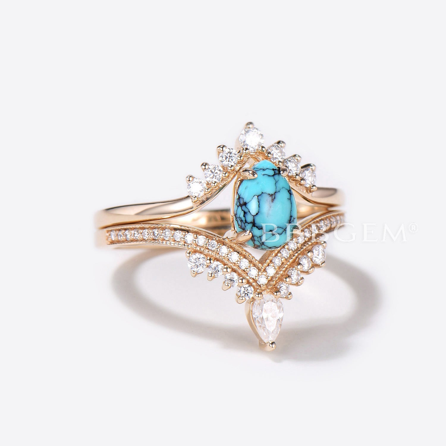 Pear Shaped Turquoise Engagement Ring & Rose Gold Diamond Wedding Band Set - Perfect for Bridal Jewelry, Anniversary Gifts & Romantic Proposals