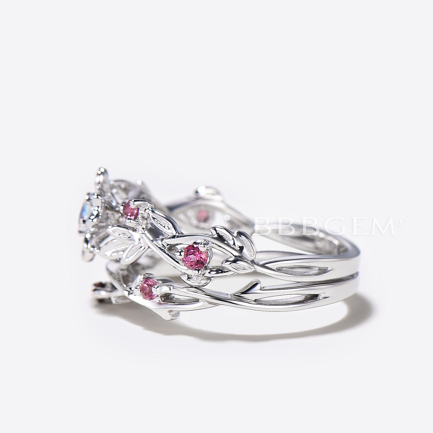 Twisted Round Moonstone Floral Engagement Ring - Nature Inspired Tourmaline Bridal Set for Wedding, Proposal & Anniversary Gifts | Handmade Sterling Silver Jewelry for Women