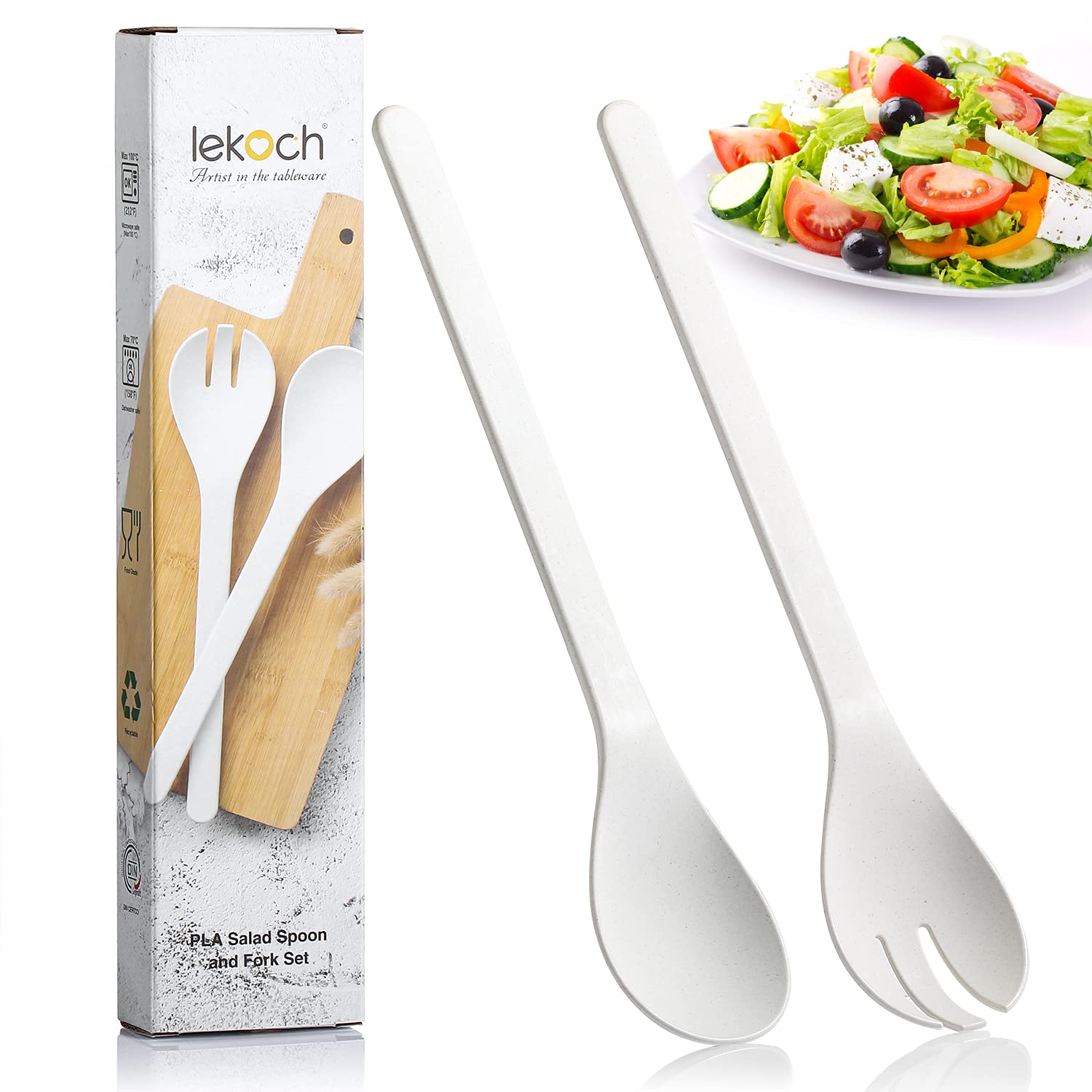LEKOCH Eco-Friendly Plant-Based Salad Servers Set - Reusable Salad Fork & Spoon, Microwave & Dishwasher Safe - Perfect for Christmas, Kitchen, Home, RV & Camping (White) - Ideal for Picnics, Parties & Outdoor Dining