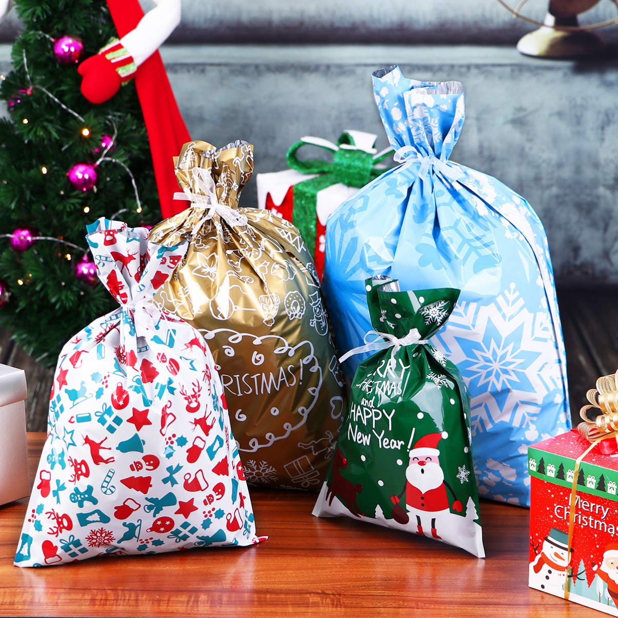 30Pcs Christmas Drawstring Bags Set - Holiday Party Favor Bags, Treat & Candy Wrapping Bags for Xmas Gifts, Stocking Stuffers, Classroom Rewards & Secret Santa Gifts