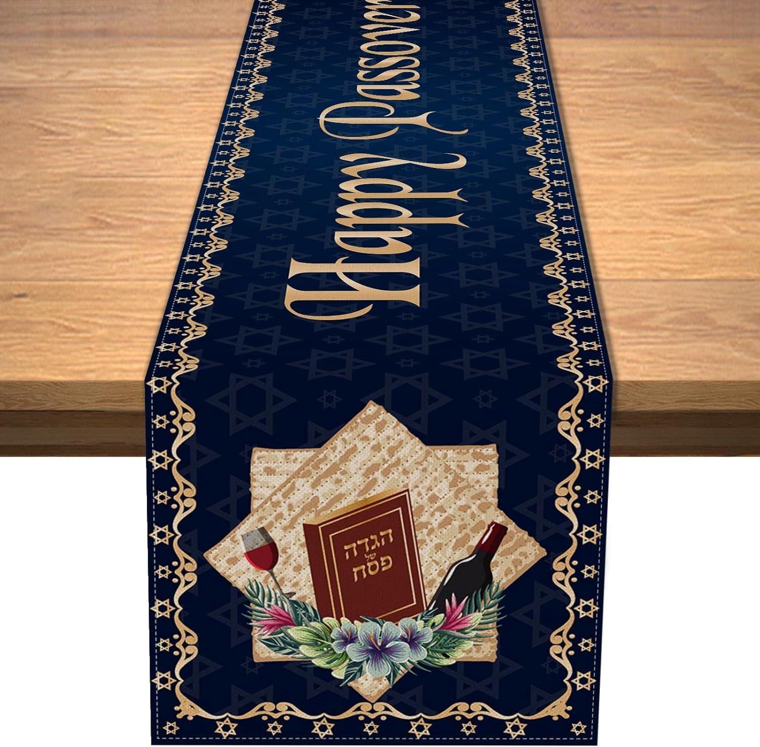 Happy Passover Pesach Star of David 13 x 90 Inch Table Runner for Jewish Festival, Holiday Party, and Home Kitchen Dining Room Decor