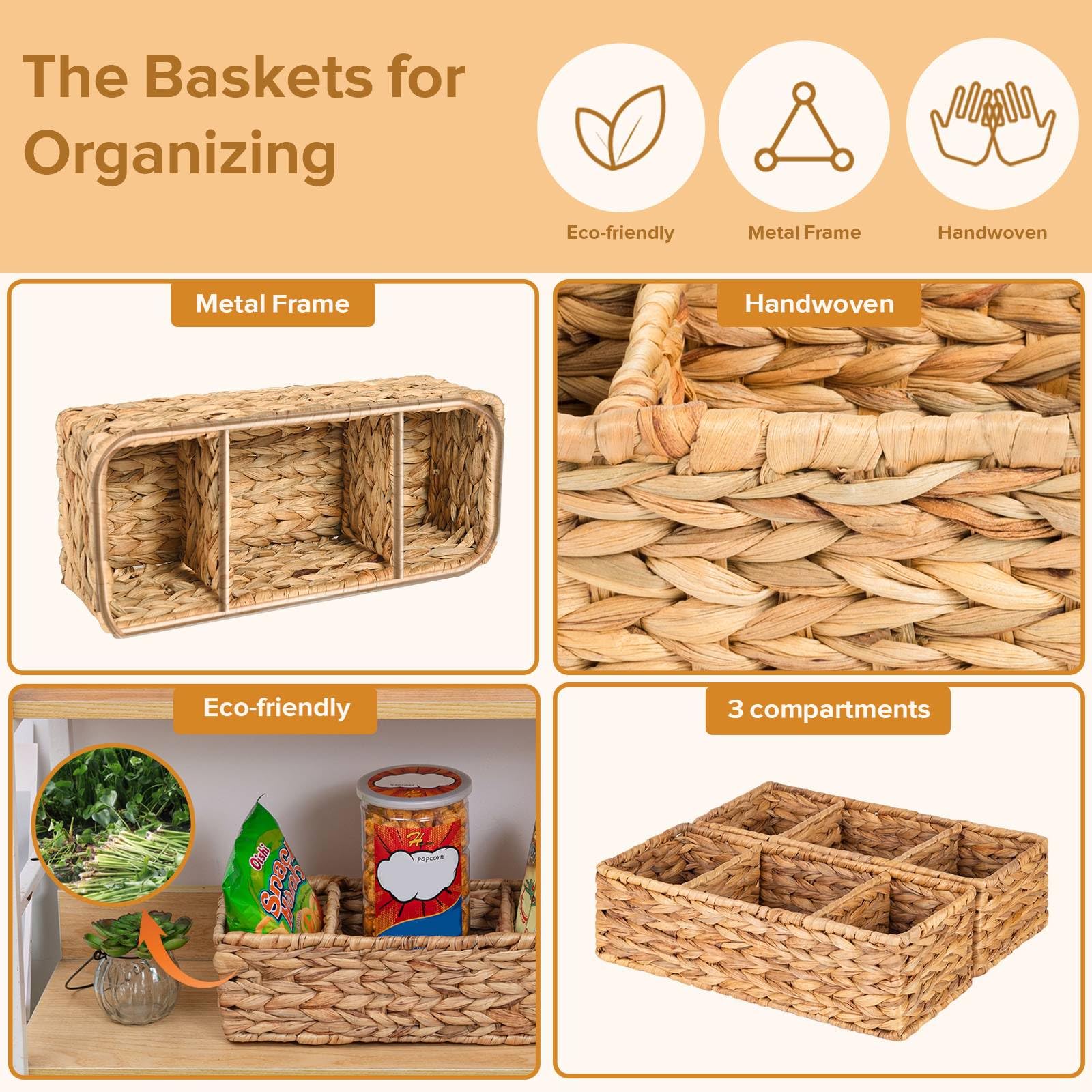Water Hyacinth Storage Baskets - 2 Pack Woven Toilet Paper Holder & Bathroom Organizer with 3 Sections - Natural Wicker Tank Topper Basket for Bathroom, Bedroom, or Kitchen Storage