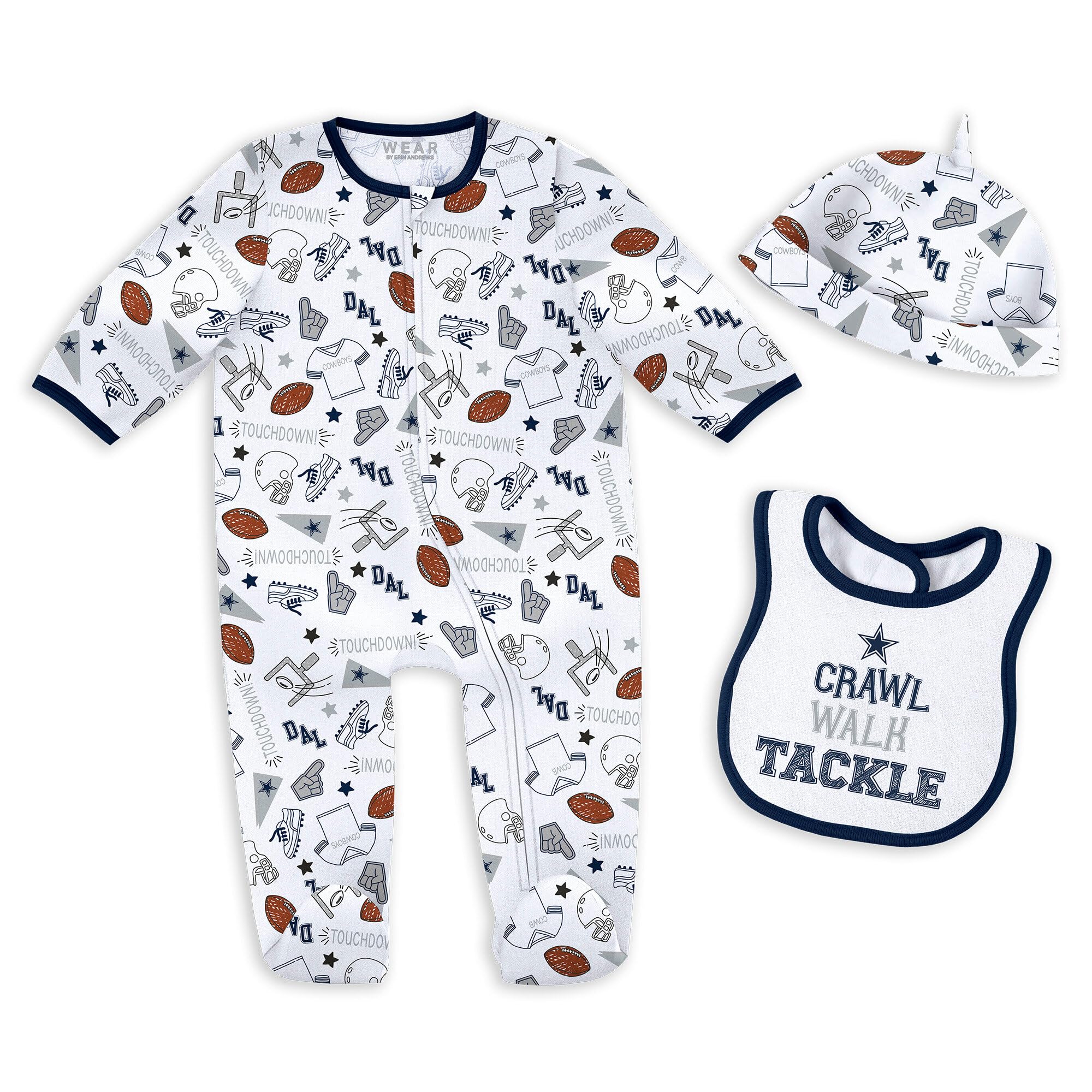 WEAR by Erin Andrews Newborn & Infant NFL Sleep & Play Set - Soft Cotton Baby Football Pajamas for Boys & Girls - Perfect for Game Day, Nursery Photos & Gifts