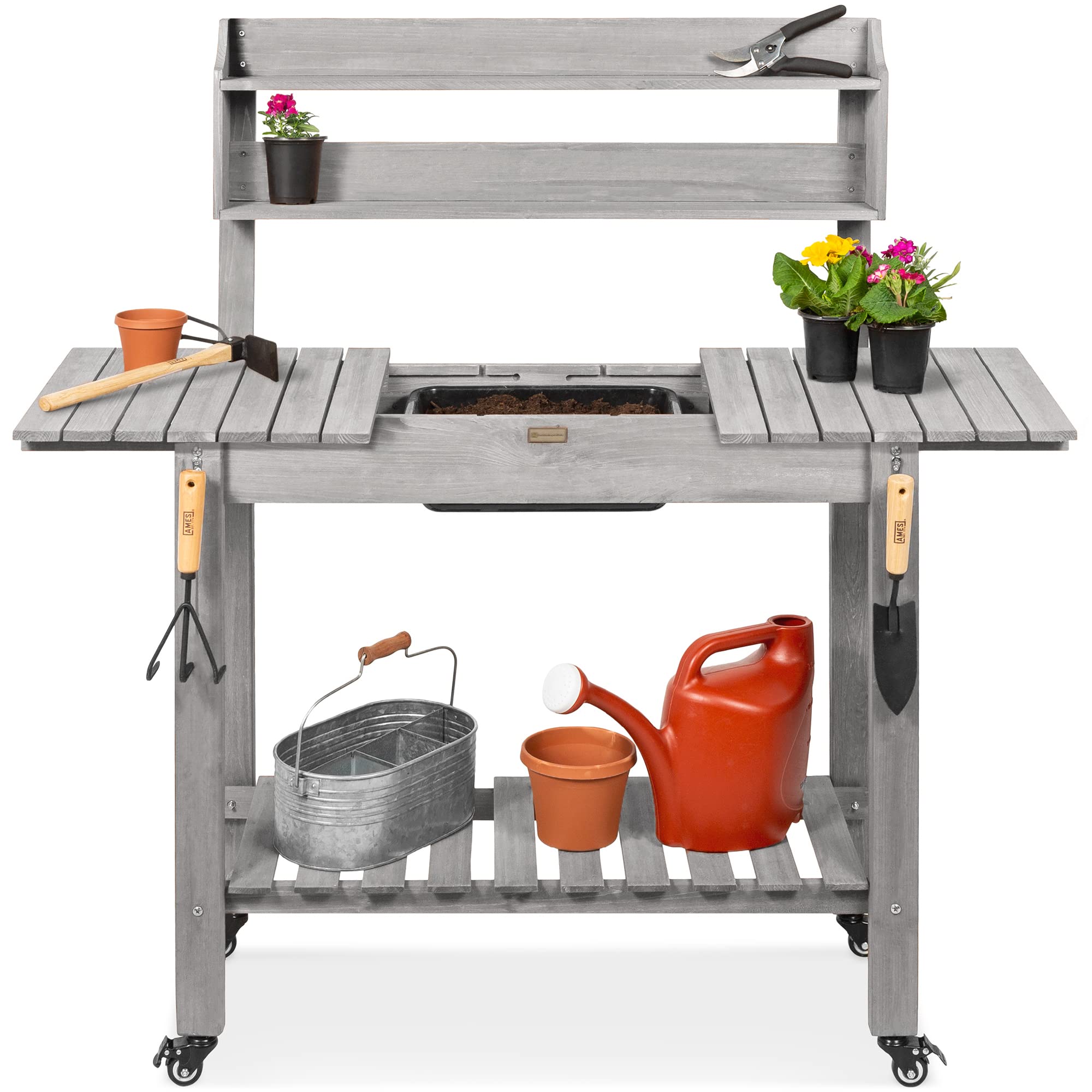 Best Choice Products Mobile Garden Potting Bench - Outdoor Wooden Workstation Table with Sliding Tabletop, 4 Locking Wheels, Food-Grade Dry Sink & Storage Shelves - Perfect for Gardening, DIY Projects & Outdoor Workspaces (Gray)