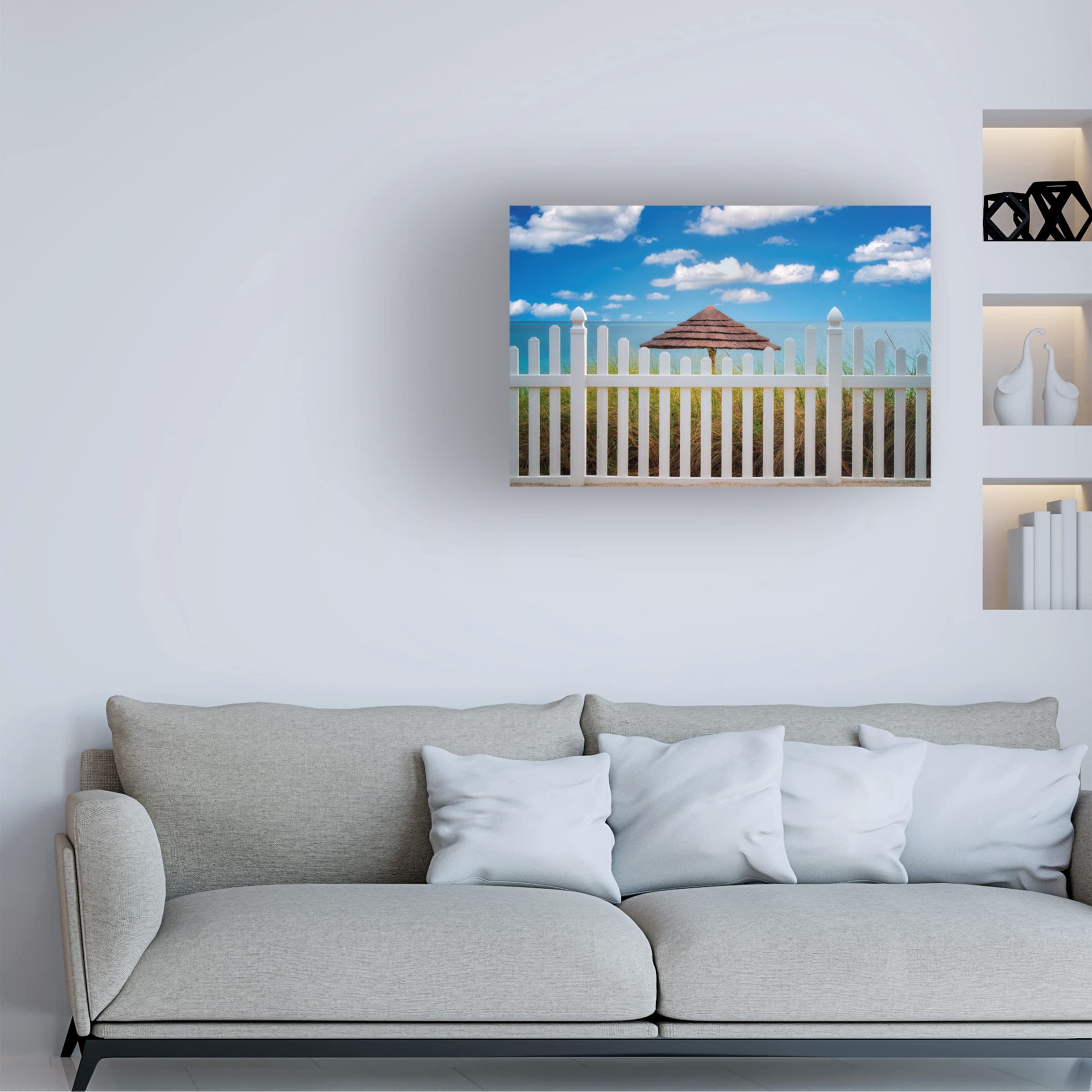 Dennis Frates 'Fence And Beach Umbrellas' Canvas Wall Art Print - Coastal Beach Decor for Living Room, Bedroom & Office - Premium Trademark Fine Art Collection