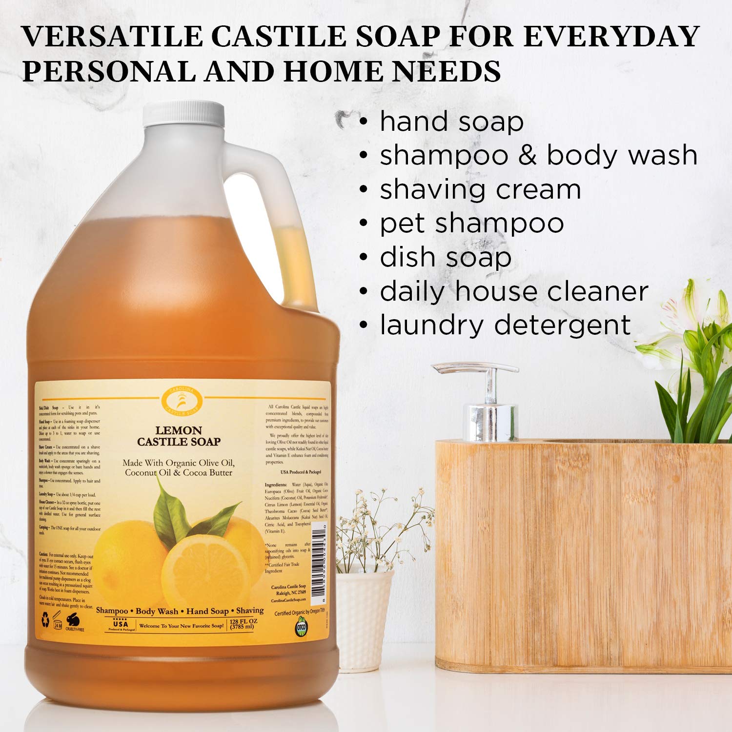 Organic Carolina Castile Soap - Lemon Scented Natural Body Wash for Men & Women | Certified Organic, High Olive Oil Content, Non-Drying Formula | Perfect for Shower, Bath & Hand Washing (1 Gallon)