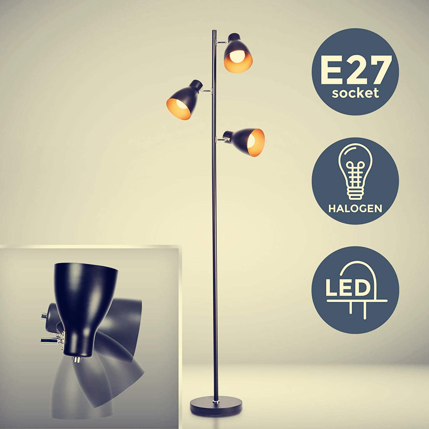 Adjustable Retro Industrial Floor Lamp - 3 Light Tree Design with E27 Socket (Max 25W), 166cm Height in Black/Gold - Perfect for Reading, Living Room, Bedroom & Office Lighting