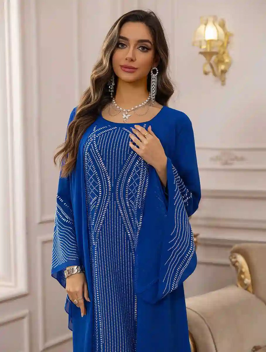 Elegant Hotfix Rhinestone Chiffon Caftan Dress for Women - Perfect for Eid Celebrations, Weddings & Special Occasions