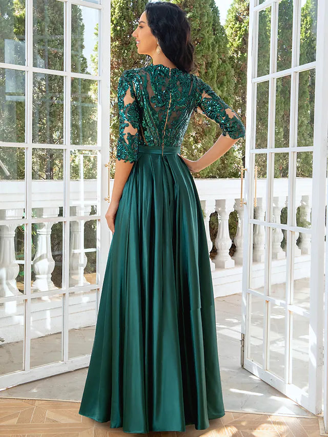 Elegant A-Line Evening Gown - Floor Length Wedding Party Dress with Illusion Neck, Half Sleeves, Pleats & Sequin Slit - Perfect for Prom, Gala, Formal Events & Special Occasions