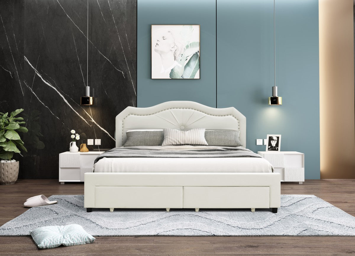 Beige Queen Size Platform Bed with 2 Footboard Storage Drawers - Modern Bedroom Furniture for Small Space & Guest Room Organization