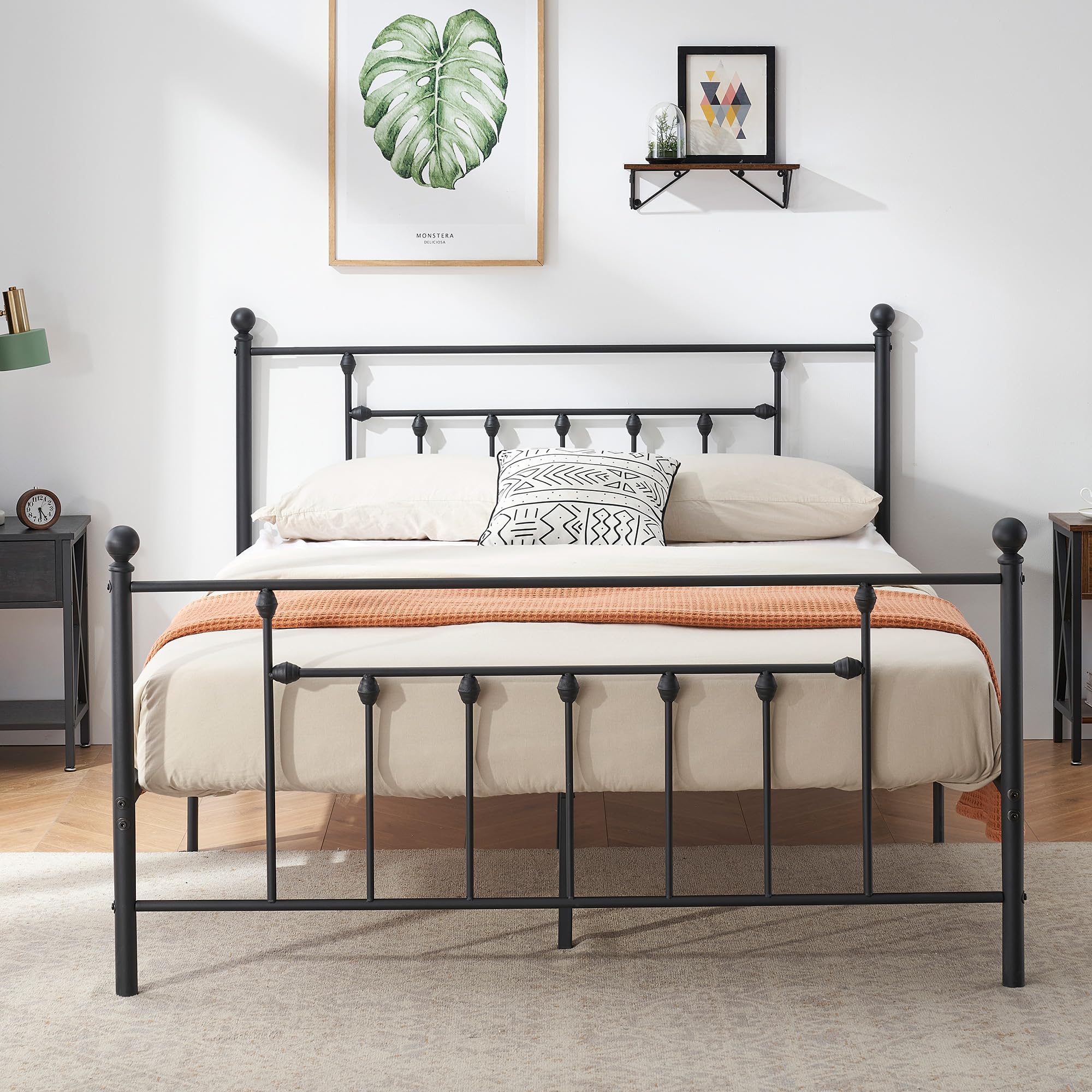 VECELO Full Size Metal Platform Bed Frame with Headboard - No Box Spring Needed, Sturdy Mattress Foundation, Victorian Vintage Style in Black - Perfect for Master Bedrooms, Guest Rooms & Apartment Living