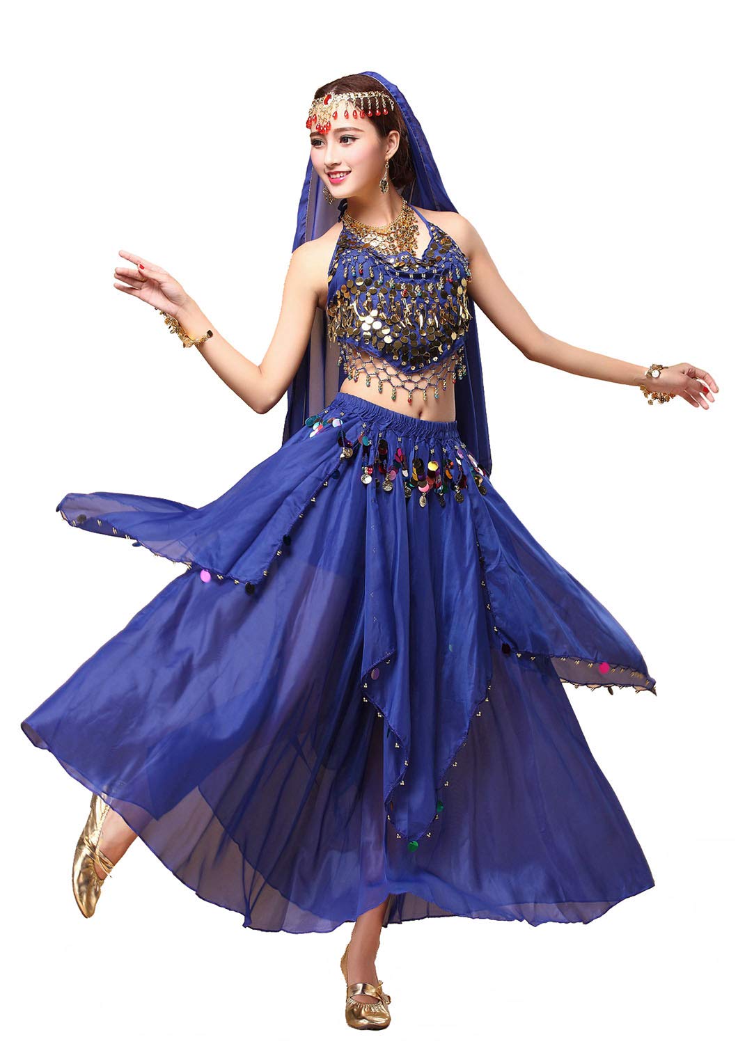 Women's Belly Dance Costume - Sparkling Sequin Crop Top with Flowy Chiffon Skirt for Halloween, Party & Performance | Perfect for Dance Shows, Cosplay & Festive Events