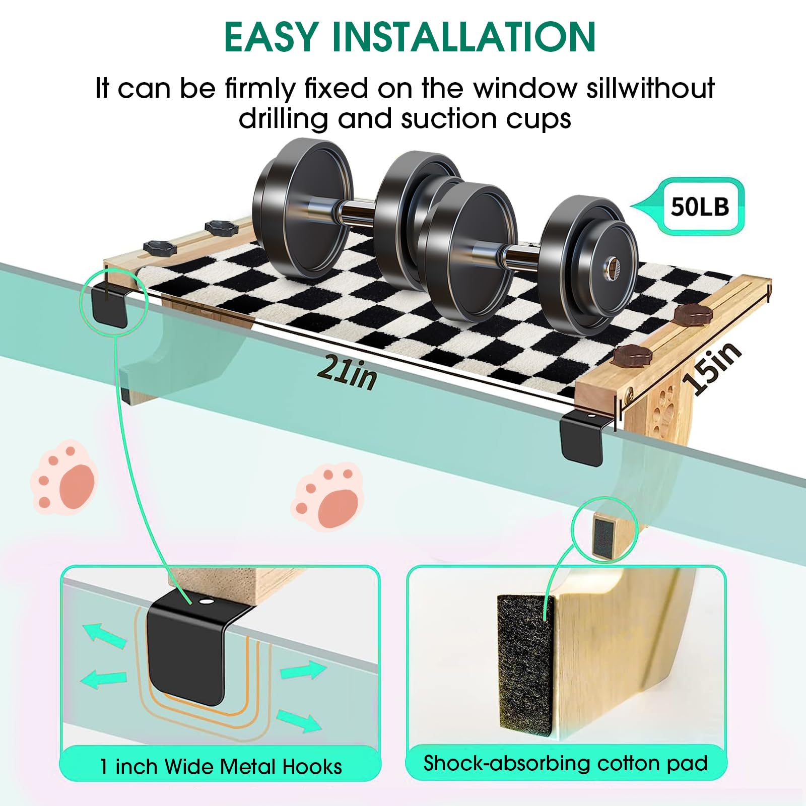 Gray Checkerboard Cat Window Perch with Wood Mat for Indoor Cats