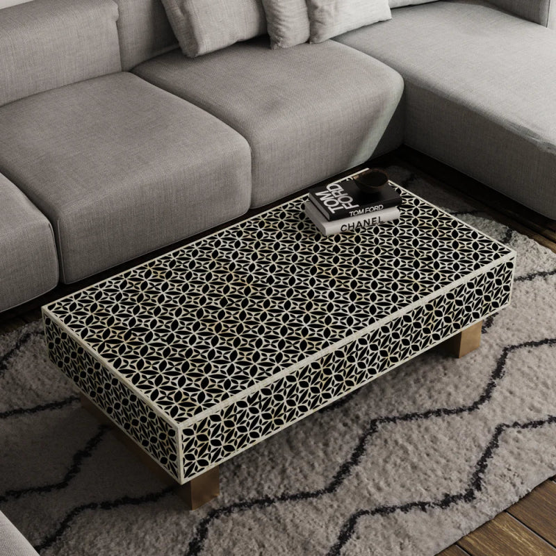 Handmade Bone Inlay Black Floral Design Rectangular Coffee Table - Modern Boho Living Room Furniture for Home Decor