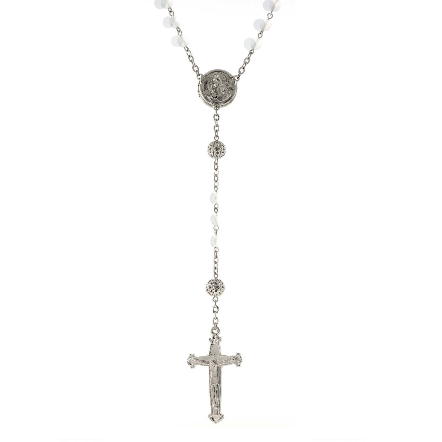 1928 Vintage Beaded Crucifix Necklace with Mary Locket - Catholic Rosary Jewelry for Women - Perfect for Prayer, First Communion & Religious Gifts
