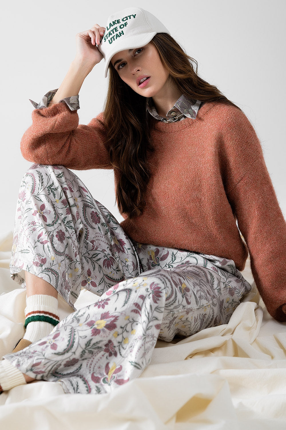 Grey Floral Print Satin Pants for Women - Elegant Lounge & Evening Wear