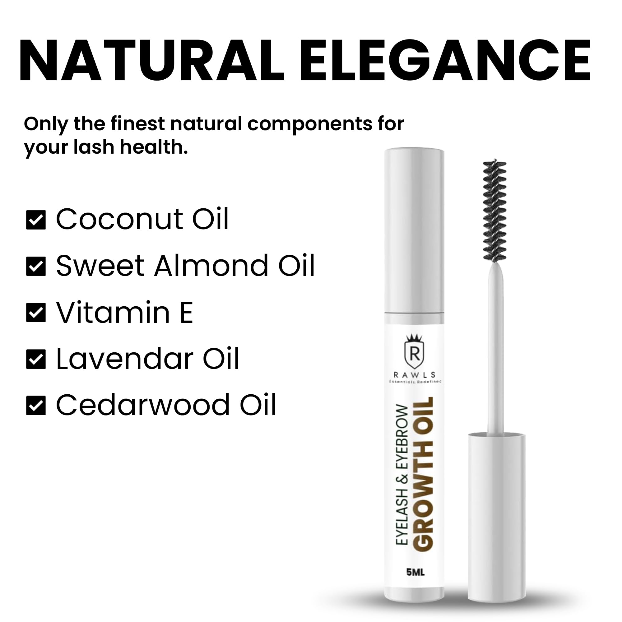 Rawls Eyelash & Eyebrow Growth Serum - Natural Formula with Almond Oil, Castor Oil & Vitamin E for Thicker, Fuller Lashes & Brows | Sulfate & Paraben Free | 5ml | Perfect for Nighttime Care & Daily Lash Enhancement