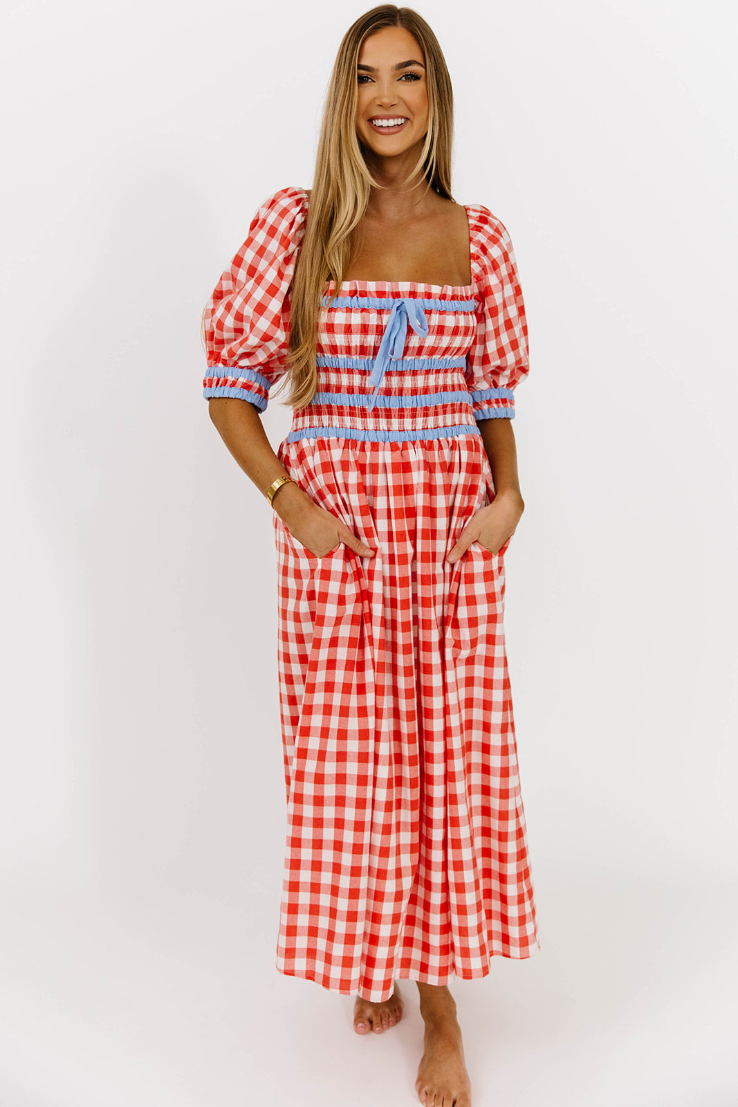 Ravina Gingham Contrast Midi Dress in Poppy Red - Floral Print Summer Dress for Women, Perfect for Beach Vacation, Garden Party & Casual Outings