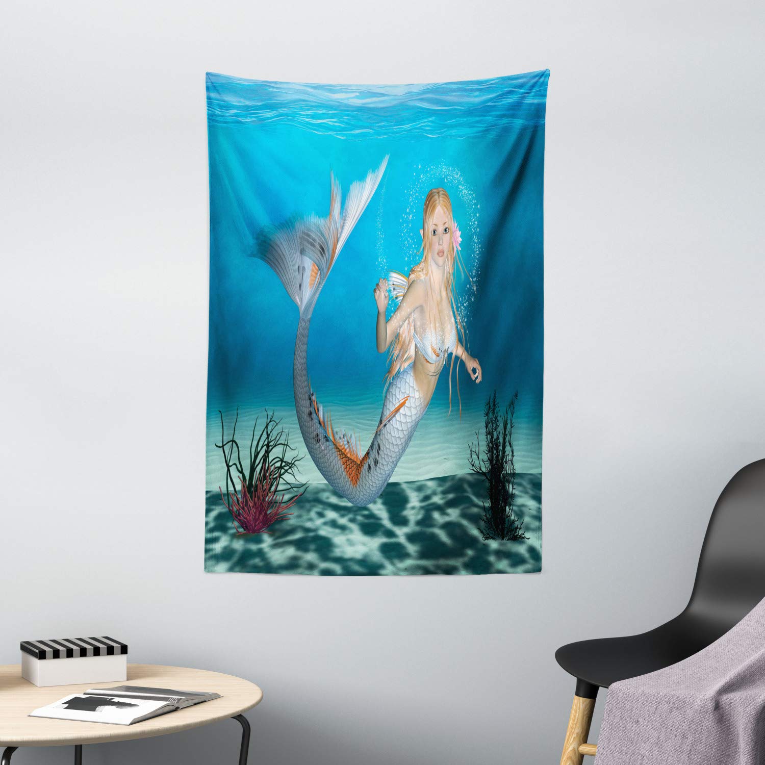 Ambesonne Mermaid Tapestry Wall Art - Tropical Ocean Mermaid Design, 40