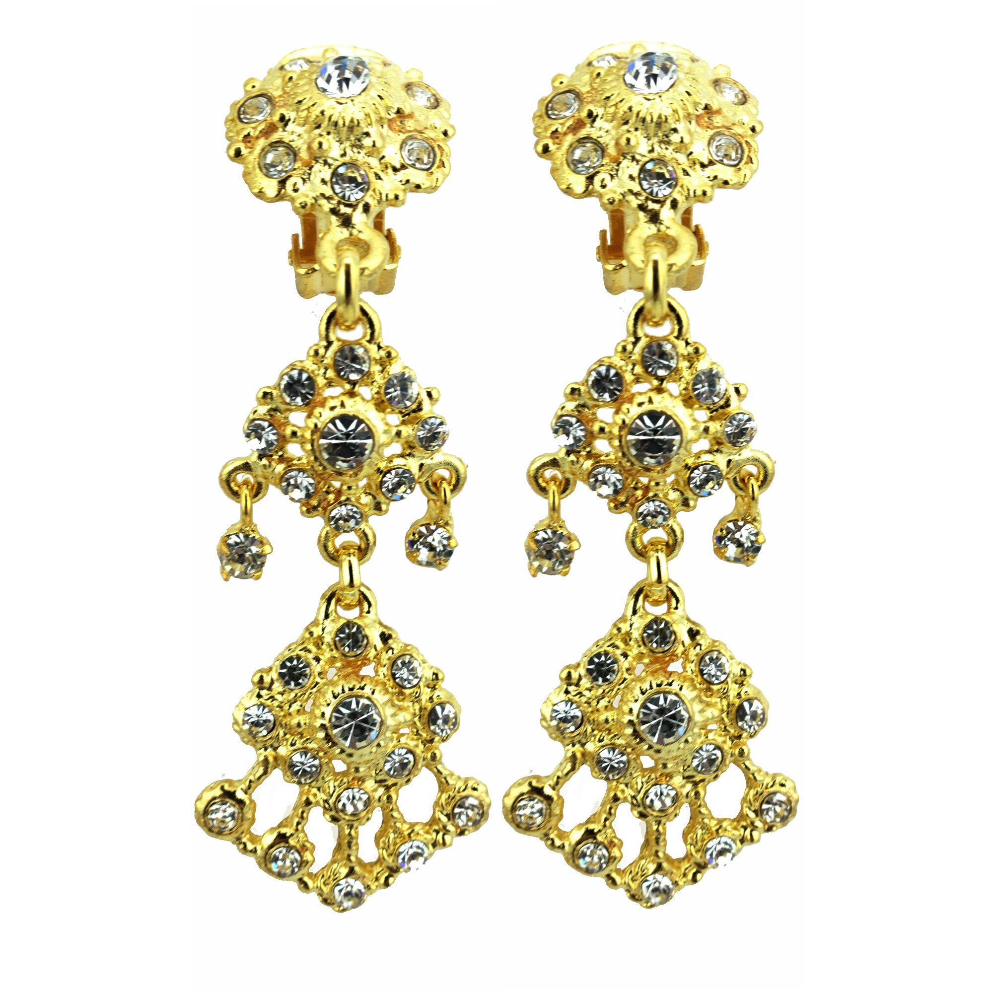 Gold Plated Crystal Clip-On Earrings - Thai Traditional Style for Parties