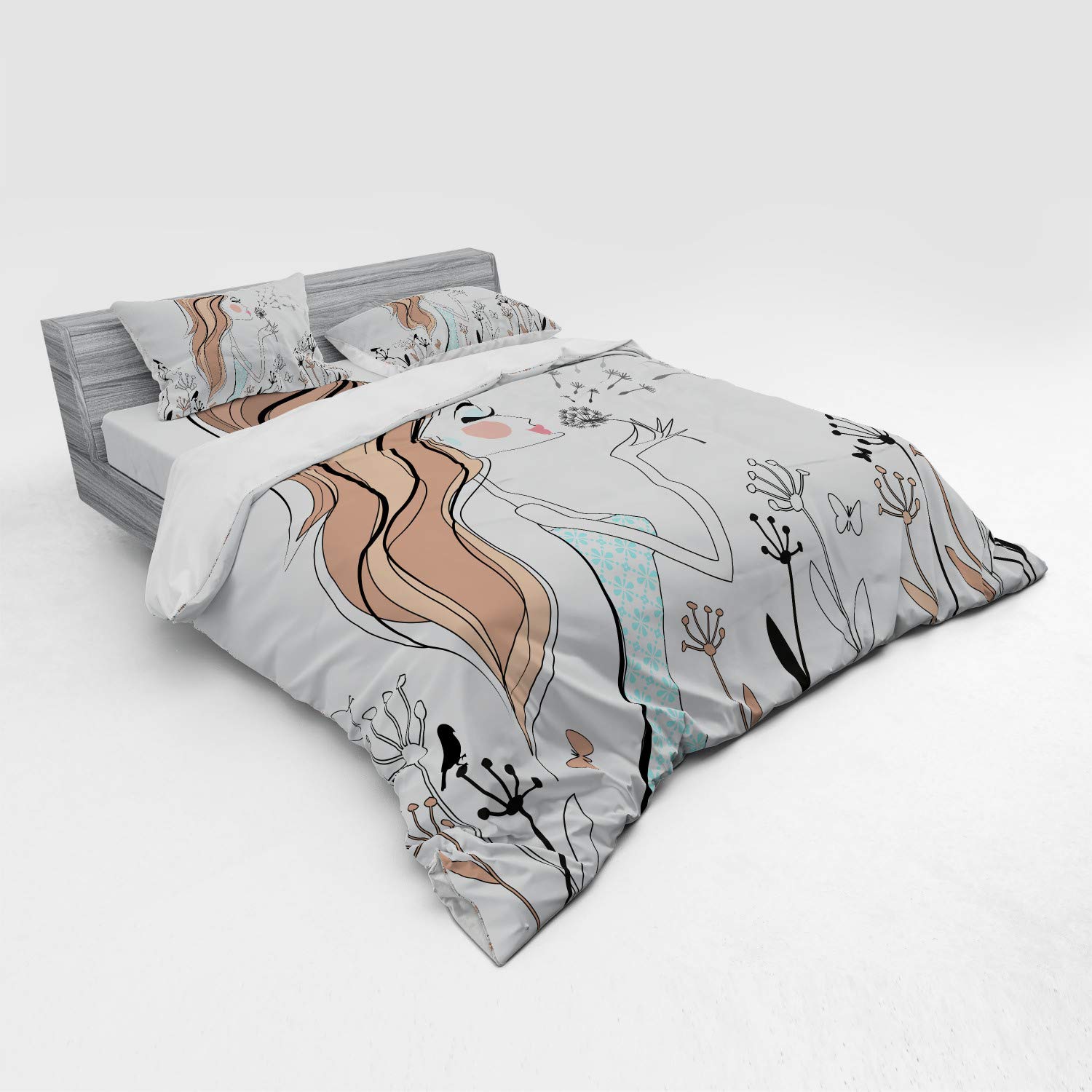 Ambesonne Retro Duvet Cover Set - Fashion Woman with Dandelion Flower Spring Wind Garden Sketchy Illustration - 4 Piece Bedding Set with Shams & Fitted Sheet - King Size - Warm Taupe & Blue - Perfect for Bohemian Bedroom Decor & Spring Home Refresh