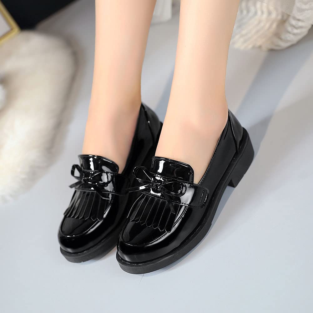 ClassicSter Women's Tassel Patent Leather Loafers - Slip On Uniform Shoes for Work, Office & Professional Outfits