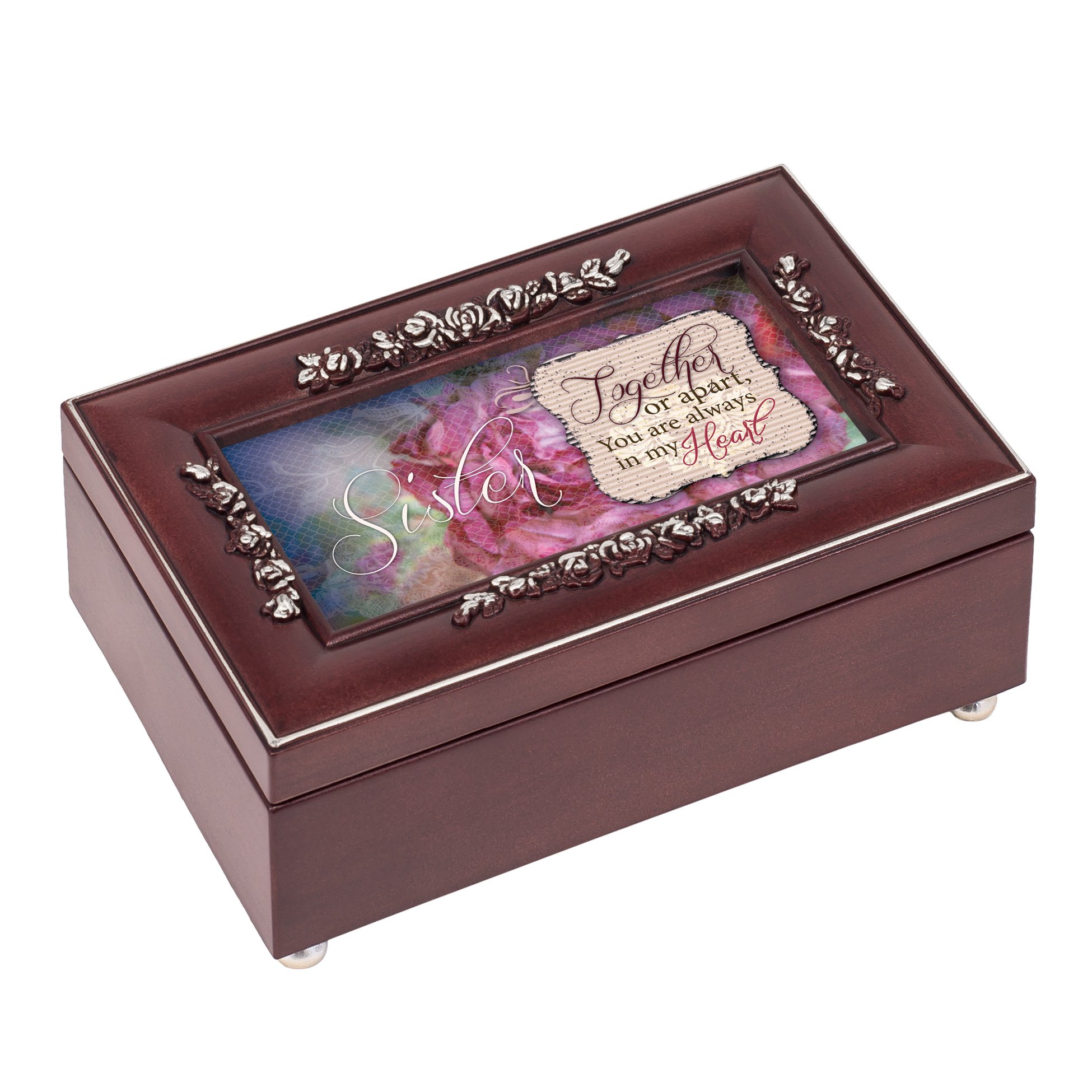 Cottage Garden Sister Always in My Heart Rosewood Finish Embossed Jewelry Music Box - Plays Canon in D Tune | Perfect Gift for Sisters, Birthdays & Anniversaries | Home Décor & Keepsake Storage