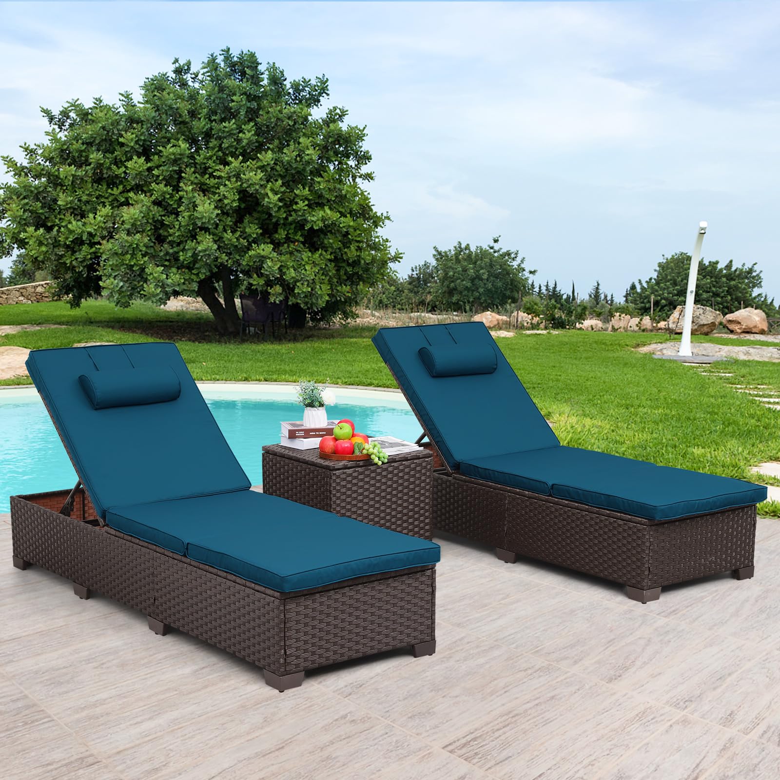 Outdoor PE Wicker Chaise Lounge Set of 3 - Brown Rattan Patio Furniture with Adjustable Backrest & Peacock Blue Cushions - Poolside Lounge Chairs with Storage Table for Backyard, Garden, and Beach Relaxation