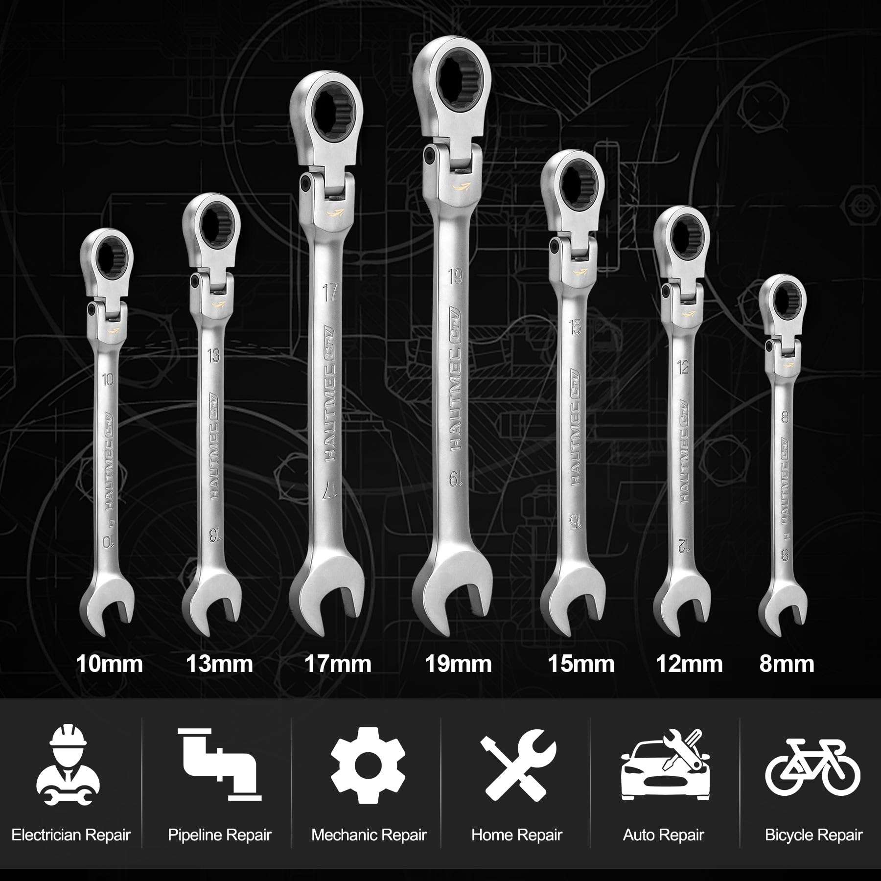 HAUTMEC 7-Piece Flex-Head Ratcheting Combination Wrench Set - Metric 8-19mm, 72-Tooth Chrome Vanadium Steel with Storage Rack - Professional Automotive Tools for Mechanics, DIY Car Repair & Home Maintenance (Ideal for Tight Spaces & Engine Work)