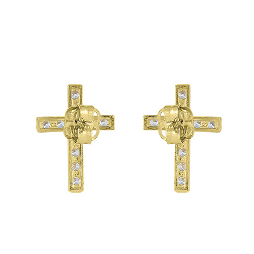 14K Yellow Gold Simple Cross Stud Earrings with Round CZ Stones - Elegant Christian Jewelry for Women, Perfect for Church, Weddings & Everyday Wear