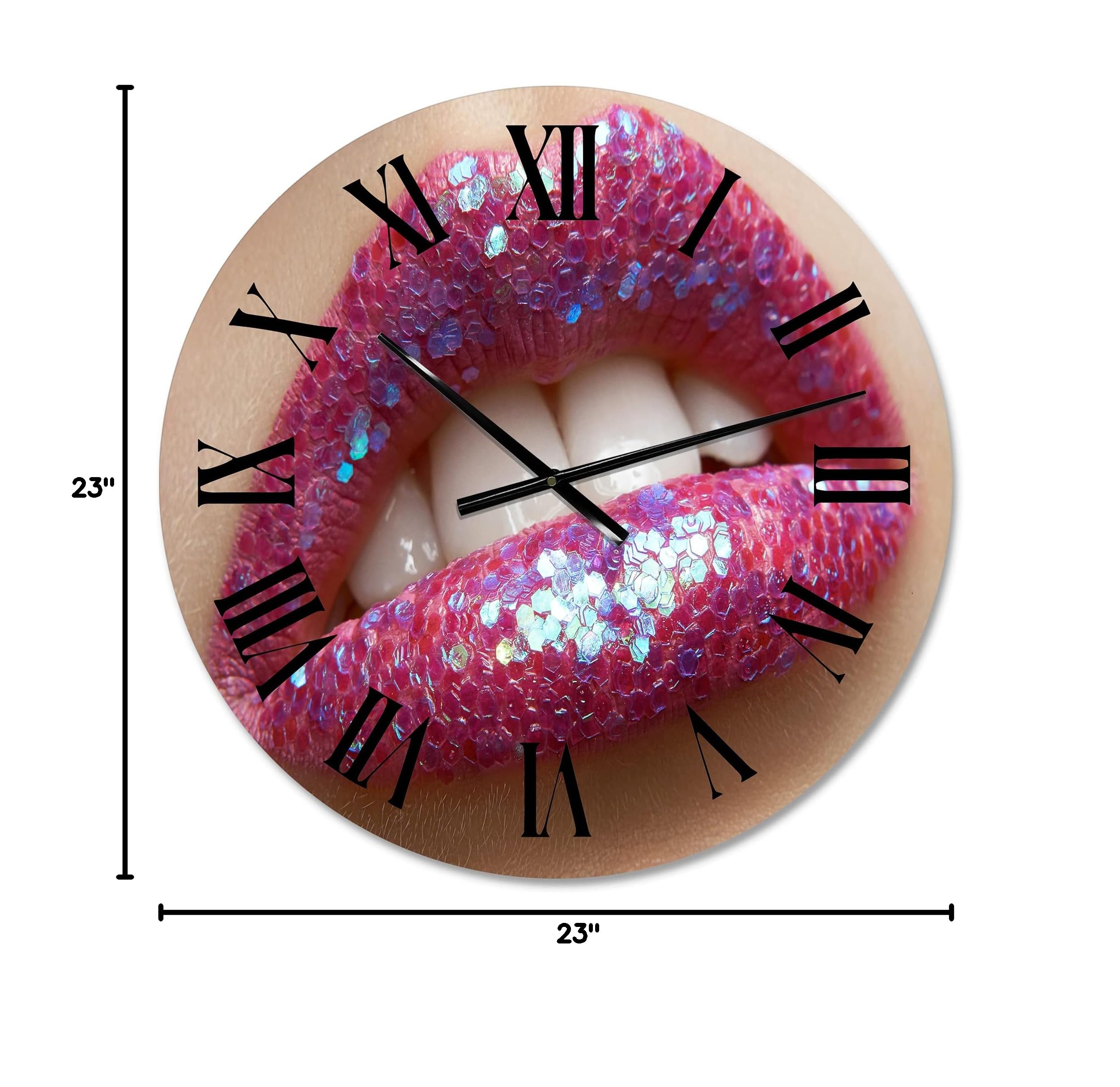 DesignQ Modern Wall Clock - Large Pink Lipstick & Sequins Woman Lips Art Decor for Living Room, Bedroom, Office | Unique Gift Idea for Women