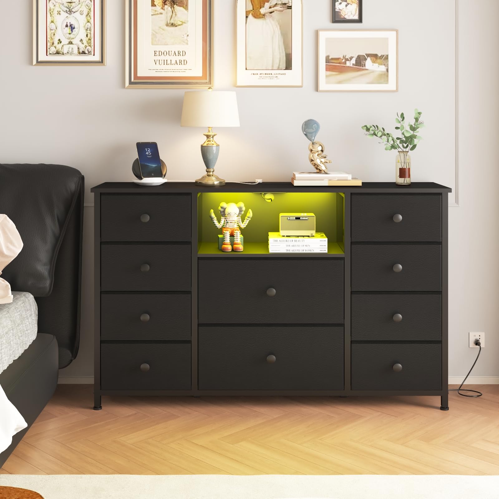 LDTTCUK 10-Drawer Dresser with USB Charging Station & LED Lights - Fabric Storage Organizer with PU Finish, Black - Perfect for Bedroom, Living Room, or TV Stand