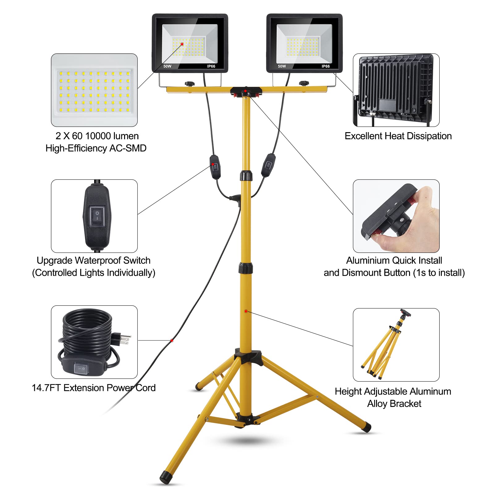 10000 Lumen LED Work Light with Stand - 100W Dual Head, 14FT Power Cord, 6000K Daylight White, IP66 Waterproof, Adjustable Metal Tripod (Up to 63