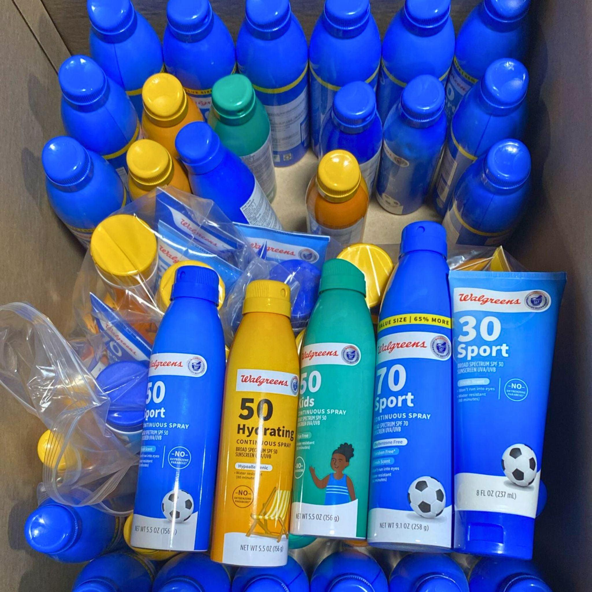 Walgr33ns Sunscreen Assorted Mix - SPF 30/50, Spray & Lotion (65 Pcs Bulk Pack) for Beach, Pool & Outdoor Activities