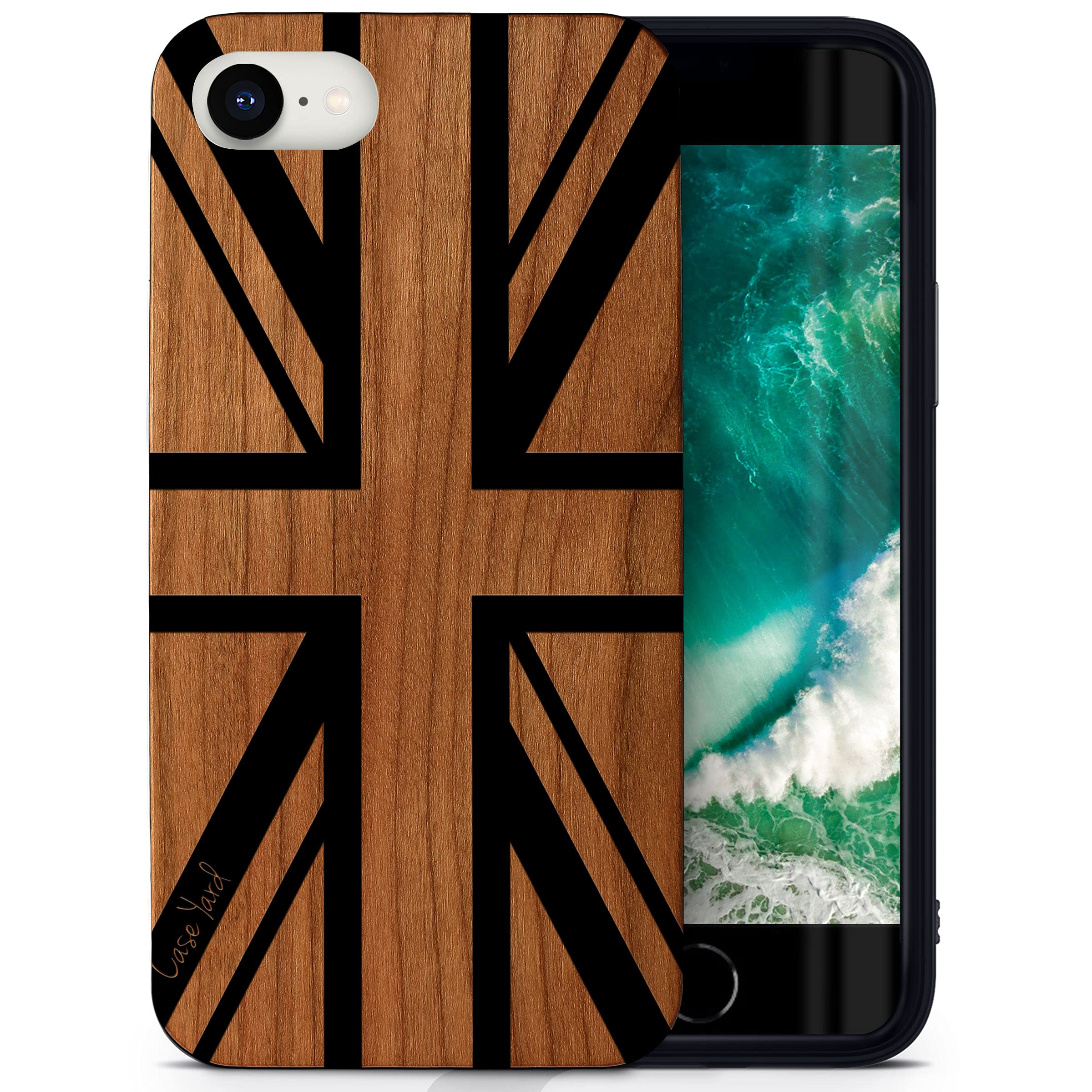 CaseYard Wood Phone Case for iPhone SE - Laser Engraved Union Jack Design, Black Wood Protective Shockproof Slim Fit Cover for Men & Women - Perfect for Travel, Work & Everyday Use