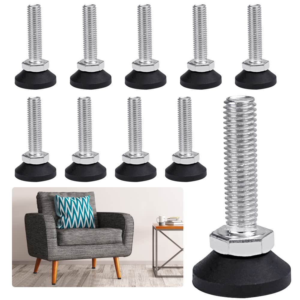 10 PCS M10 Furniture Leveling Screws - Adjustable Leg Levelers for Tables, Cabinets, Chairs & Beds - Black & Silver (PP + Galvanized Steel) - Perfect for Uneven Floors & Wobbly Furniture