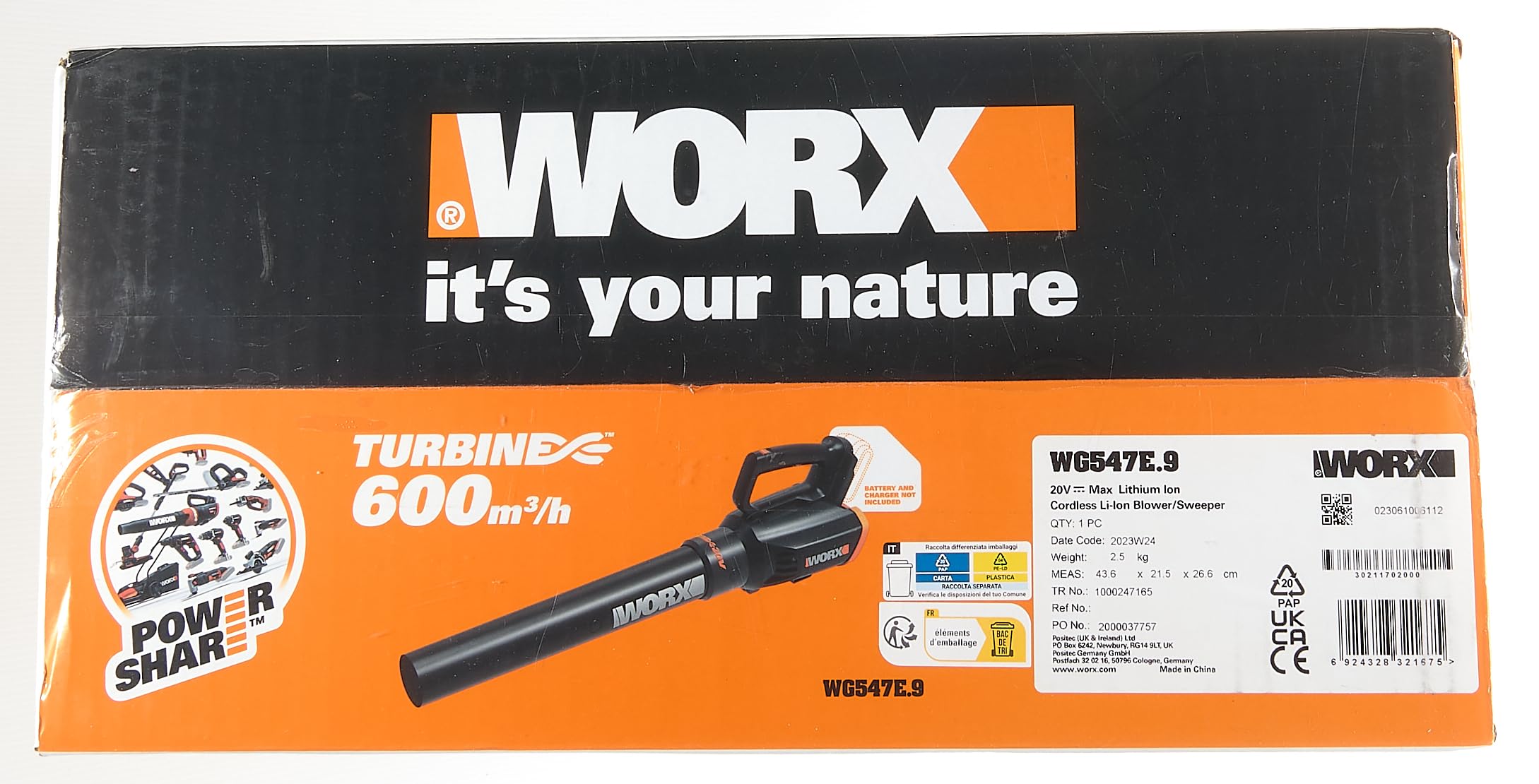Worx WG547E.9 20V Cordless Leaf Blower with Turbine Technology - 2 Speed Settings, One-Hand Operation (Battery & Charger Not Included) - Ideal for Yard Cleaning, Patio Maintenance, and Quick Leaf Removal