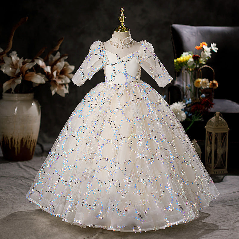 Sparkly White Sequin Flower Girl Dress with Mock Neck & Long Sleeves - Perfect for Weddings, Pageants & Special Occasions