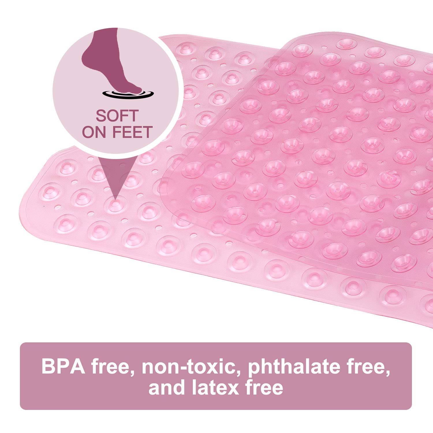 Non-Slip Bath and Shower Safety Mat 40x16 Inch with Suction Cups - Extra Large Machine Washable Bathtub Mat for Elderly & Kids - Drain Holes Keep Tub Clean - Light Pink - Perfect for Bathroom, Shower Stall and Tub Floor Safety