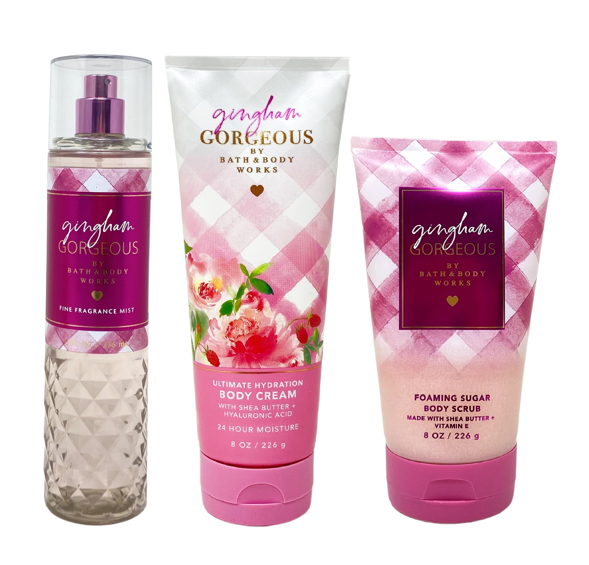 Gingham Gorgeous 3-Piece Bath & Body Gift Set - Full Size Fragrance Mist, Body Cream & Body Scrub - Perfect for Gifts, Self-Care & Spa Days