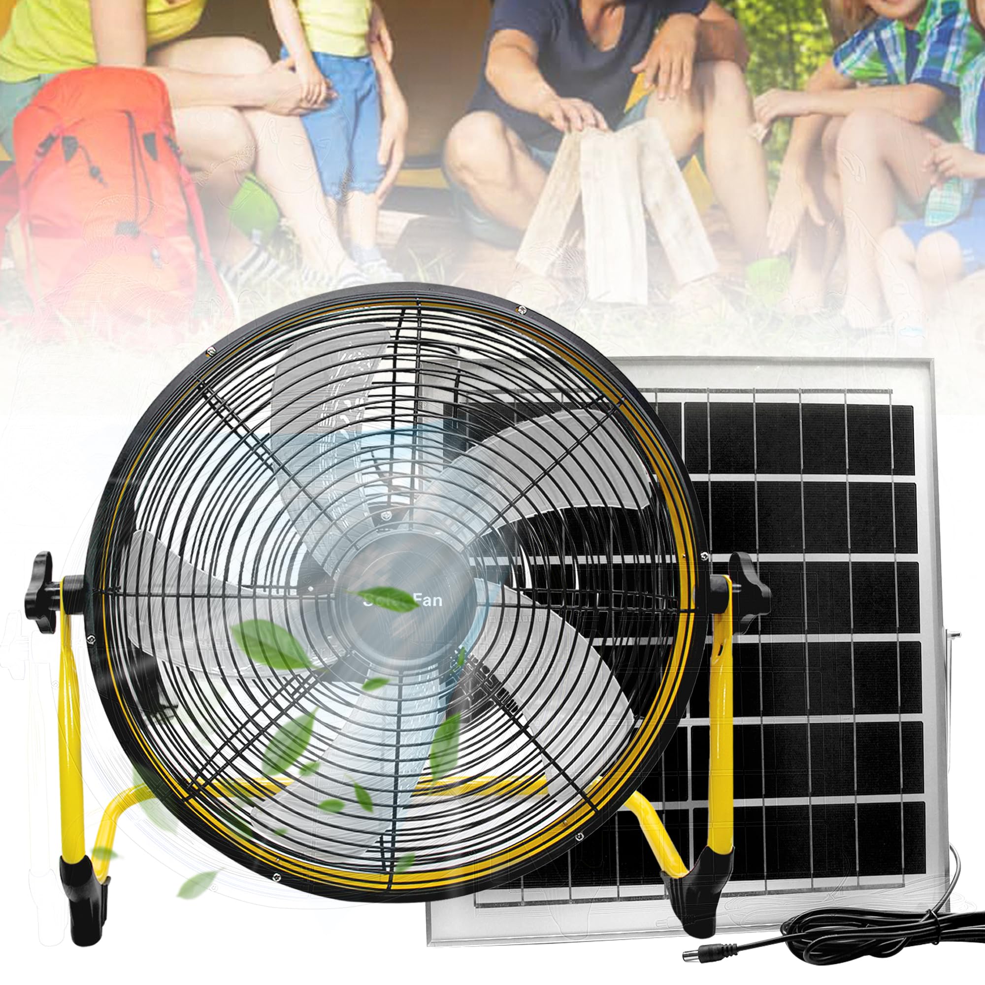 14 Inch Portable Rechargeable Fan with 15600mAh Battery & Solar Panel - 360° Adjustable Camping Fan for Outdoor, Travel, Chicken Coop, Dog House, Shed & Greenhouse - Perfect for Camping Trips, Backyard Cooling & Pet Comfort