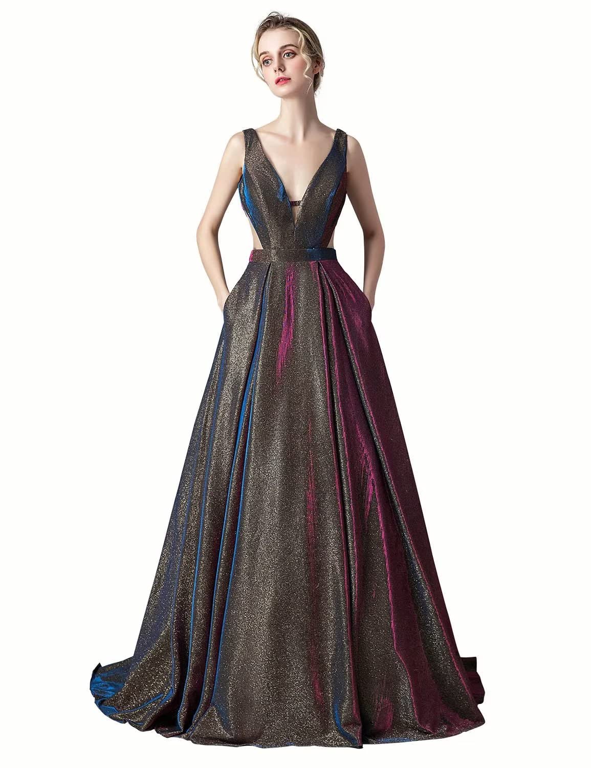 Sparkly Sequin Prom Dresses for Women - Elegant Long V-Neck Backless Evening Gown with Pockets | Formal Ball, Homecoming, Wedding Guest Dress