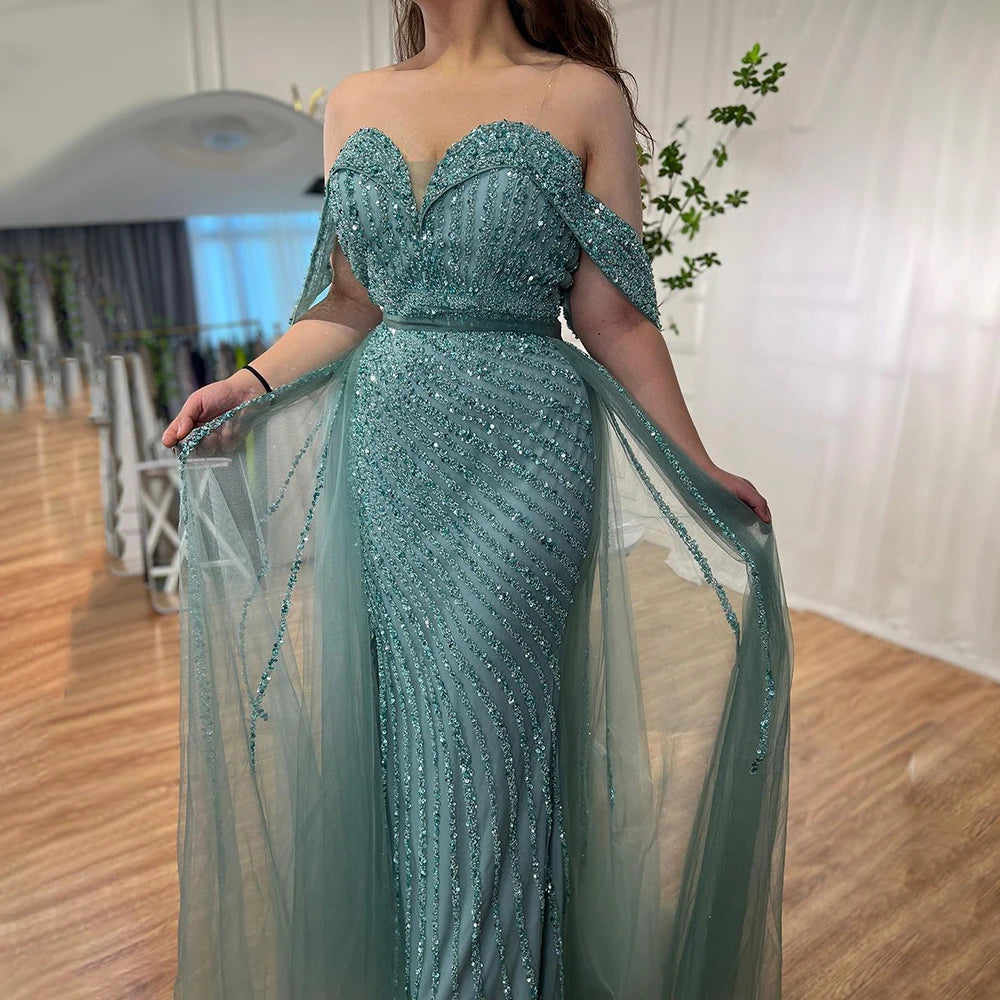 Elegant Nude Mermaid Evening Dress with Overskirt & Beaded Off-Shoulder Design for Women's Party, Prom & Special Occasions - LA71728