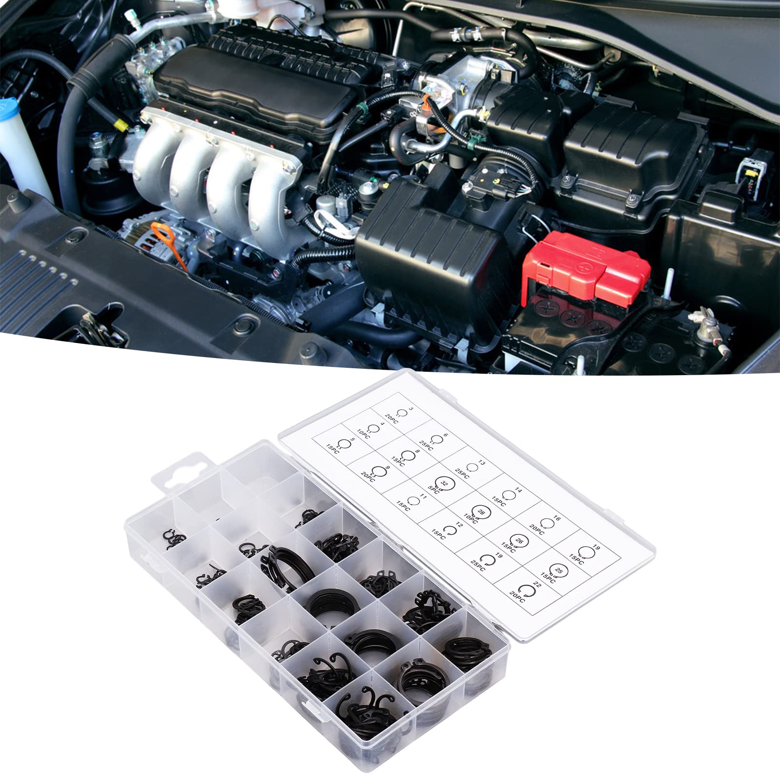 300-Piece C Clamp & External Retaining Ring Assortment Kit - Durable Rubber & Alloy Steel Retaining Rings for Cylinders, Automotive Valves - Perfect for DIY Repairs, Machinery Maintenance & Industrial Applications