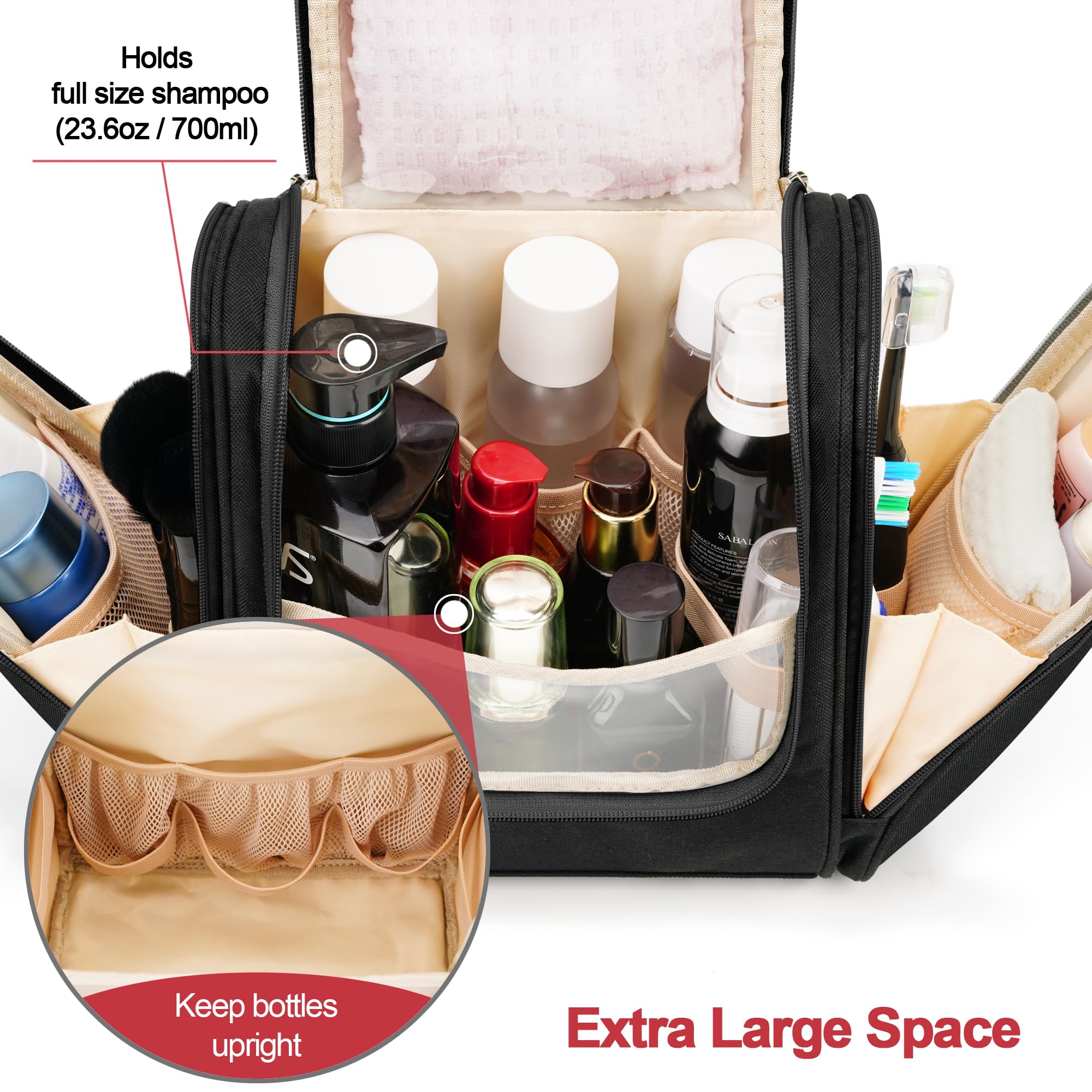 **Large Waterproof Hanging Toiletry Bag for Travel – 6 Compartments for Full-Size Bottles & Cosmetics – Ideal for Women & Men – Perfect for Bathroom, Gym & Vacation (Black)**
