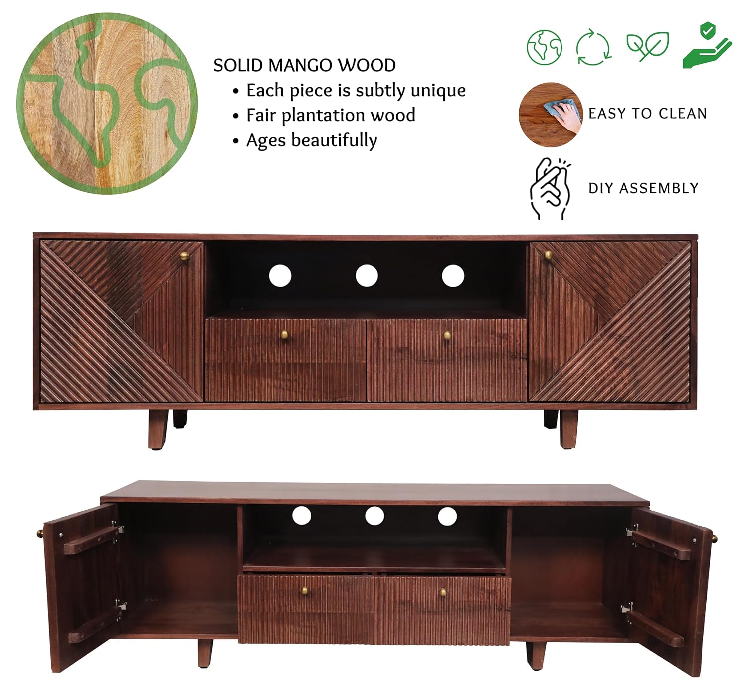 Corsica Sloan Mango Wood Console Table with Wheels - Rustic Mahogany TV Stand for Living Room, Entryway, or Bedroom Storage