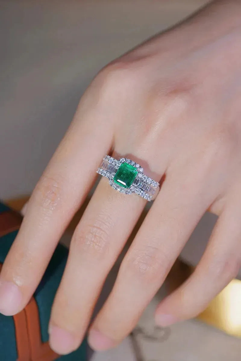 18K White Gold Diamond & Emerald Ring for Women | Luxury Shiny Design | 100% Real Natural Gemstones | Perfect for Parties, Weddings & Special Occasions