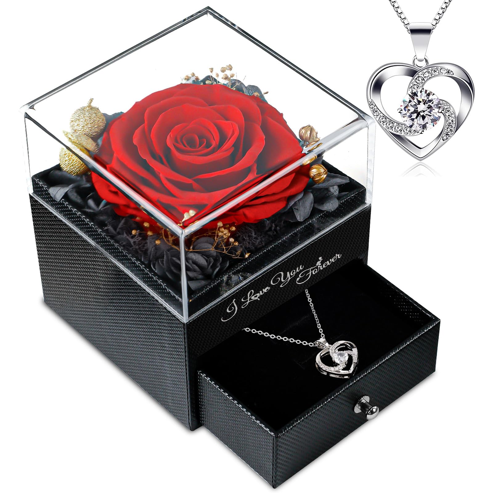 Preserved Real Red Rose Necklace Gift Set - Eternal Roses Forever Flowers for Women, Mom, Wife, Grandma | Perfect for Birthday, Anniversary, Mother's Day & Special Occasions | Romantic Keepsake Jewelry for Girlfriend, Valentine's Day & Wedding Gifts