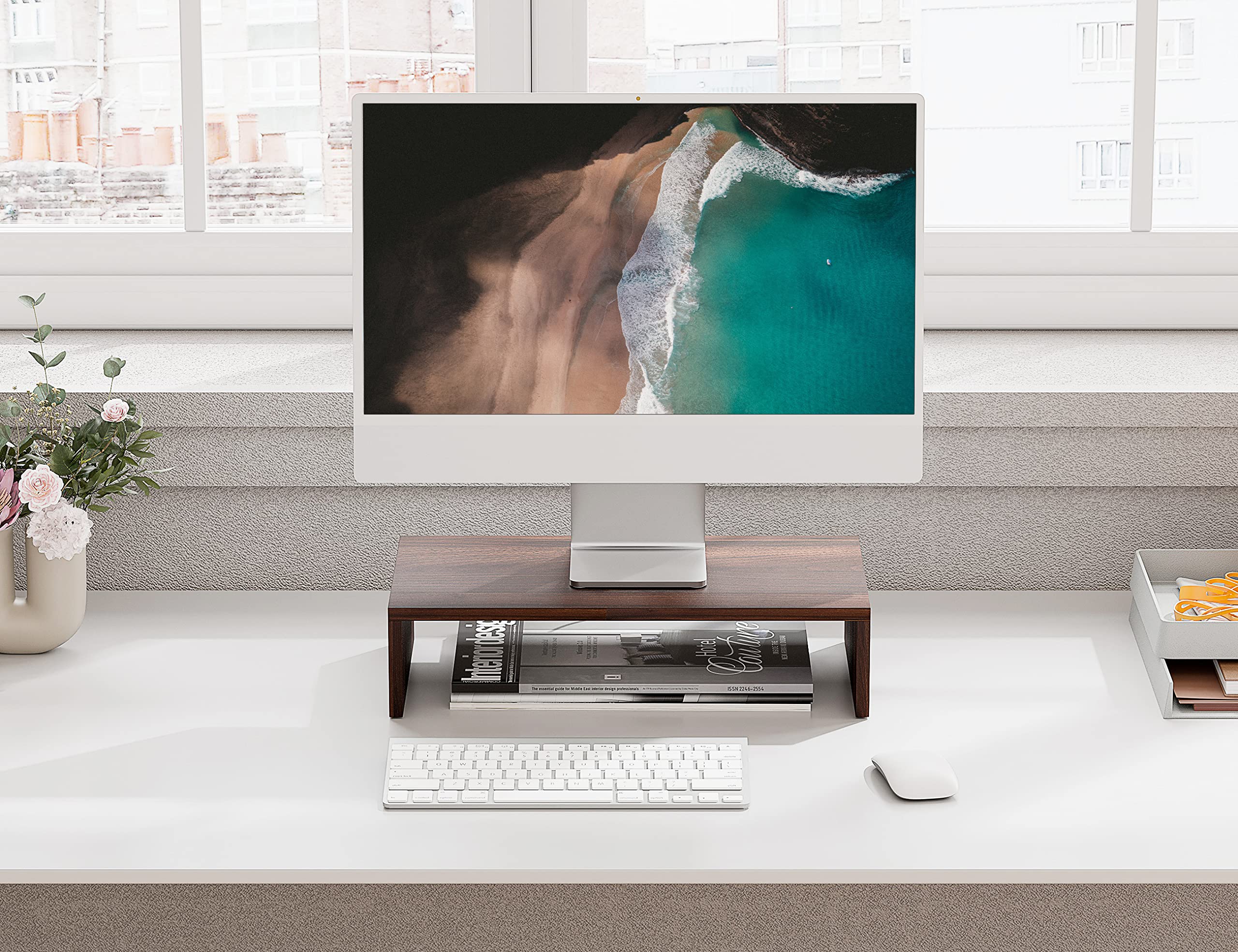 FITUEYES 16.7 Inch Wood Monitor Stand Riser with Shelf - Ergonomic Desktop Organizer for Computer Screen & Laptop - Perfect for Home Office, Gaming Setup and Workspace Organization